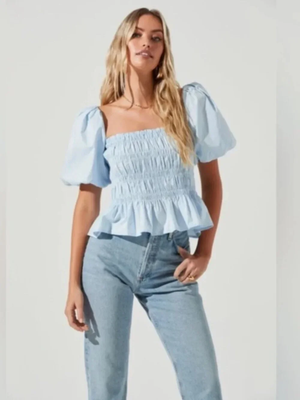 ASTR Puff Sleeve Smocked Top Women XS Light Blue Cotton Cinderella Blouse